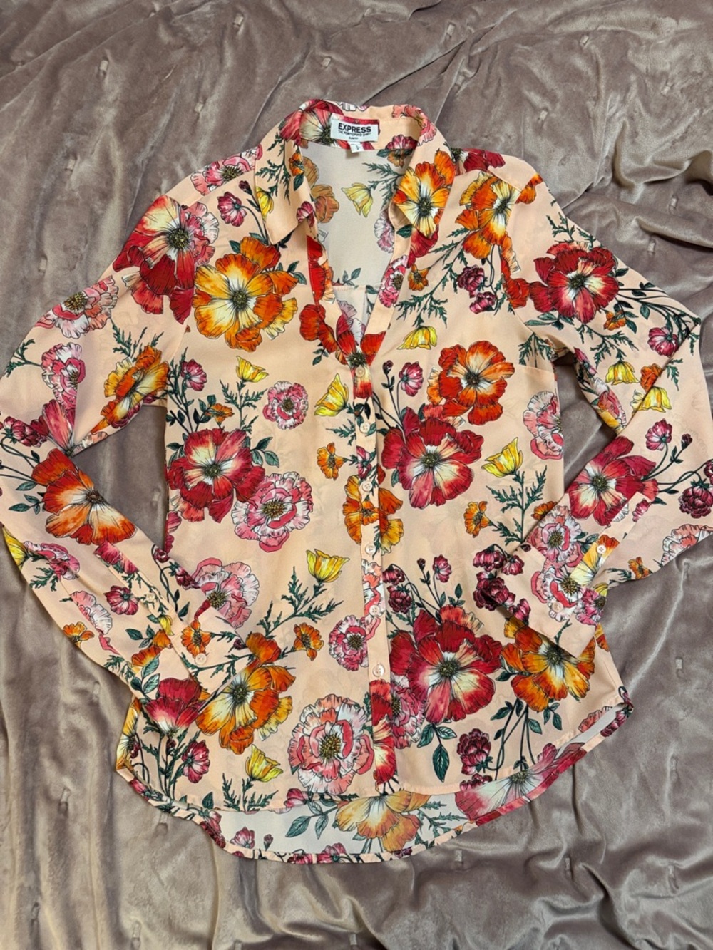 Express Peach Floral Button-Down Shirt - Red, Orange, Yellow